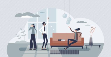 Sanal mülk turu, VR daire turu, küçük insan konsepti. Üç boyutlu simülasyon ve 360 adet yeni ev gezisi ya da emlak vektörü çizimi. Uzak etkileşimli emlakçı görselleştirmesi