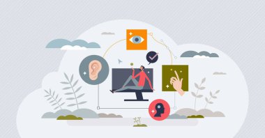 Engelli kullanıcılar için internet erişilebilirliği ve yardım küçük kişi konsepti. Sağır ya da kör hasta kolay tarayıcı ya da web sitesi kullanım vektörü çizimi. Dokunmaya duyarlı yardım ile internet sitesi geliştirme.