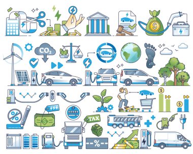 EV vergisi ya da para desteği taslak koleksiyonu olarak elektrikli araç kredisi. Doğa dostu unsurlar, hükümet vektör illüstrasyonundan sürdürülebilir ve çevresel ulaşım vergilendirmesi.