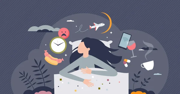 Sömnlöshet Orsakar Och Problem Med Att Sova Natten Liten Person — Stock vektor