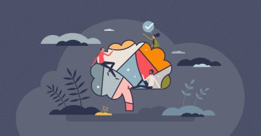 Beyin olarak nöroçeşitlilik ya da zihin düşünme süreci varyasyonu küçük insan konsepti. Vektör illüstrasyonla ilgili şeyleri düşünmenin, yansıtmanın ve etkileşimin çeşitli yolları. Bilişsel ve işlevsel zihinsel farklılıklar.