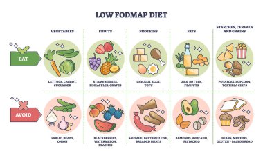 Low FODMAP diet and food with healthy carbohydrates list outline diagram. Labeled educational scheme with groceries for easy digestive processing vector illustration. Avoid and include these items. clipart