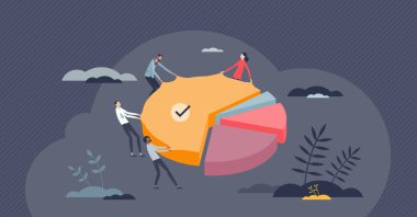 Şirketin finansal kazancı için pazar payı rekabeti küçük insan konsepti. Para verileri perakende satış grafiğindeki her parçayı görselleştirme vektörü illüstrasyonu olarak gösteriyor. Zenginlik ve çıkar çatışması.