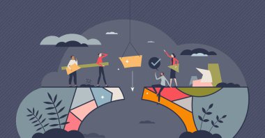 Ortak sosyal amaç için katkı ve iş yardımı küçük insan konsepti. İlerleme ve gelişim vektör çizimi için takım çalışması gücü ve verimliliği. Katılımcılar iş için bir araya geliyorlar