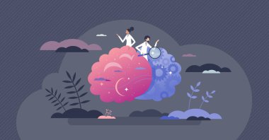 Psikoloji ve nöroloji olarak nöropsikoloji küçük insan kavramını araştırıyor. Sinirsel ve zihinsel süreç etkileşim vektörü illüstrasyonuyla bilişsel ve davranışsal çalışma. Düşünceler ve zihin kontrolü.