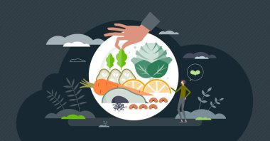 Taze sebzeli vejetaryen diyeti ve menüdeki küçük insan konseptinden uzak dur. Yeşiller, fındıklar ve tohumlar sağlıklı ve vitamin zengini gıda yeme vektör illüstrasyonu için. Doğal besin seçimi.