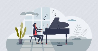 Doğuştan gelen yetenek hobisi. Müzik yeteneğiyle doğmuş. Küçük insan konsepti. Piyano konseri, dersler veya vektör illüstrasyonunda enstrümantal armoni yazma becerileri. Müzisyen çalışması.