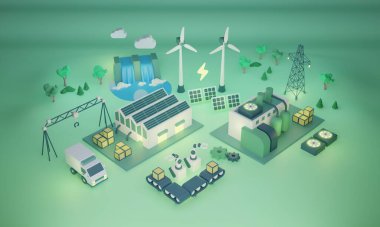 Doğa dostu yeşil fabrika veya sürdürülebilir güç kullanımı 3 boyutlu illüstrasyon. Alternatif elektrik ve ekolojik kaynak tüketim stratejisine sahip modern 5. nesil üretim tesisi.