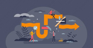 Yazılım geliştirme metodolojisi olarak çevik proje yönetimi küçük insan konsepti. Hızlı, etkili, uyarlanabilir ve sürekli bir uygulama yineleyici yaklaşım çizimi. İş akışı.