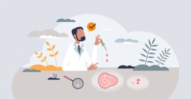 Alternatif proteinler bitki bazlı veya yapay et çözeltisi olarak minik insan konsepti. Sürdürülebilir ve çevresel besin desteği hasat edilen sığır eti ve etsiz vektör illüstrasyonuyla