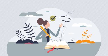 Seyahat günlüğü tutmak ya da özel hayat hakkında günlük tutmak. Küçük insan kavramı. Yazarlık için ilham verici ve motivasyonel metin yazan defter sanatçısı ya da hafıza vektörü illüstrasyonu.