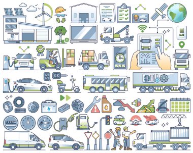 Filo yönetimi, küresel lojistik ve ulaşım koleksiyonu seti. Kargo sevkiyatı, kamyon takibi ya da nakliye izleme vektör ilülasyonu elementleri. Doğa dostu nesneleri sür.