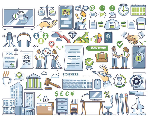 Contract management and business negotiation process outline collection set. Elements with deal closure, legal agreement review and project approval signature vector illustration. CLM revision method