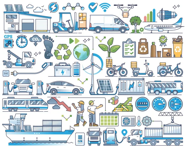 Logística Verde Conjunto Coleta Contorno Transporte Sustentável Elementos Com Serviço —  Vetores de Stock