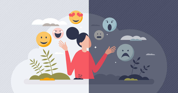 Осознание психического здоровья, чтобы понять эмоции или чувства крошечной концепции человека. Различные психологические заболевания грамотность распознавать депрессии, разочарования или тревоги проблемы векторной иллюстрации.