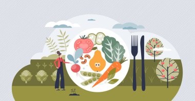 Vejetaryen yaşam tarzı için vejetaryen ve bitki temelli diyetler küçük insan konsepti. Et yemekten kaçının ve sebze, sebze ve sebzeleri beslenme vektörü illüstrasyonuna alternatif olarak organik ve taze vegan olarak yiyin..