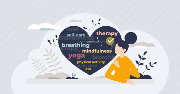 Psychische Gesundheit Bewusstsein Mit Behandlungsmethoden Text Winzigen Person Konzept Yoga — Stockvektor