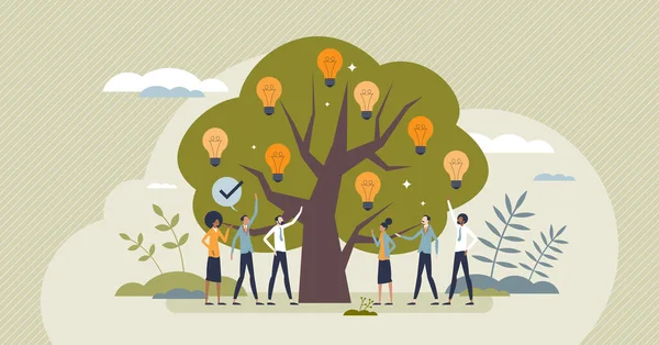 Gröna Innovationer Företag Som Träd Med Kreativa Idéer Pytteliten Person — Stock vektor