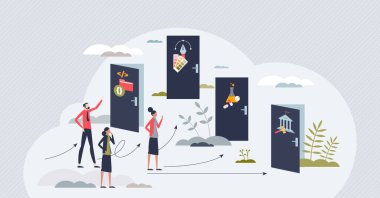 İstihdam çözümleri ve kariyer seçimi olasılığı olan küçük insan konsepti. Hayat kararları çizimi için çeşitli çalışma dallarına sahip kapıları açın. Profesyonel meslek planlaması.