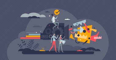 Süreç geliştirme ve etkin iş akışı stratejisi modeli minik insan konsepti. Kolay ve iyi yönetilen sistem vektör çizimi ile performans artışı. Basit verimlilik için prosedür yönetimi.