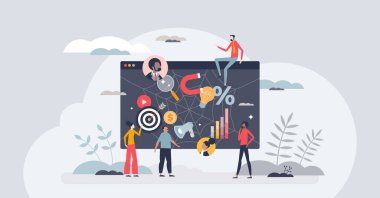 SEO araçlarını kullanarak internet pazarlaması ve internet reklamcılığı küçük insan konsepti. Reklamlar, pankartlar, tanıtım kampanyaları ve CRM yazılım illüstrasyonu kullanan site yönetimi ve iş stratejisi.