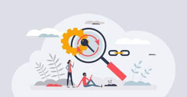 SEO optimizasyon ve arama motoru etkin gelişim küçük insan konsepti. Web sitesi sıralama vektör illüstrasyonunu artırmak için güçlü anahtar sözcükler. Dijital performans geliştirme ile Web stratejisi.