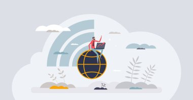 Bilgi gelişimi için uzaktan öğrenme ve çevrimiçi çalışma kursu minik insan konsepti. Akıllı internet kaynakları vektör illüstrasyonlu e-öğrenme platformu kullanarak kişisel gelişim. Uzaklık eğitimi.