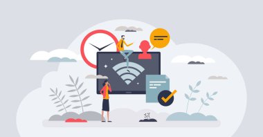 İş optimizasyonu için etkin zaman yönetimi programı küçük insan konsepti. Üretim veya üretim süreci vektör illüstrasyonunda iş yüklerinin ayarlanması ve kontrol edilmesi. İş düzenle.