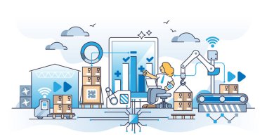 Envanter kontrolü ve otomatikleştirilmiş depo ürün yönetimi konsepti. Stok kargo hareketi için akıllı ve etkili robot kullanımı, vektör illüstrasyonunu ithal etmek ve izlemek. Paketleme işlemi.