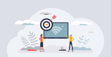 Dijital reklam, hedef kitleye yönelik küçük insan konsepti olan bir pazarlama. Sosyal medya müşterileri için internet pazarlaması vektör illüstrasyonu. Odaklanmış ve etkili iş kampanyası için hedef reklamları.