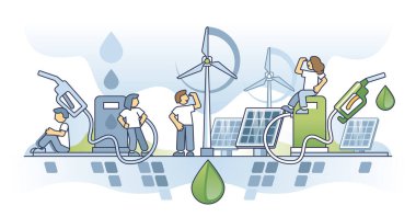 Biyolojik geri dönüşümlü enerji kullanımı kavramı olarak fosilden yeşil yakıtlara. Gelecekteki dizelden rüzgara, güneş veya biyodizel tedarikinden doğayı kurtarmak ve CO2 kirlilik taşıyıcı illüstrasyonunu azaltmak için.