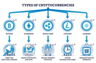 Kripto para birimlerinin türleri ve dijital finans sistemi ana hatlarını belirler. Çeşitli kripto para avantajları, artıları ve farklılıklar vektör illüstrasyonu ile etiketlenmiş eğitim karşılaştırma şeması.
