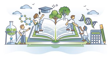 Bilgi ve akademik eğitime giden yol. Akıllı kitaplar ana hatlarıyla. Takım çalışması grupları vektör illüstrasyonunda kimya, fizik veya matematik araştırmaları. BTMM becerilerini üniversitede ya da okulda öğreniyor.