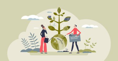 Sürdürülebilirlik ve yeşil işletme küçük insan kavramını geliştirir. Kooperatif şirket stratejisi yeşil, doğa dostu ve çevresel vektör çizimi. Alternatif enerji ve geri dönüşüm bakımı.