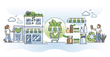 Çevre dostu alışveriş ve sıfır atık satın alma yaşam tarzı ana hatları kavramı. Yeniden kullanılabilir ambalaj malzemelerini doğa dostu ve sürdürülebilir seçim vektör illüstrasyonu olarak satın alın. Sürdürülebilir perakende mağazası.