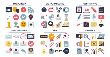 Taslak koleksiyon setinde dijital pazarlama yönetim temalı nesneler. Sosyal medya, içerik tipi, e-posta reklamı, seo ve analitik vektör illüstrasyonları için izole edilmiş sembollere sahip unsurlar.