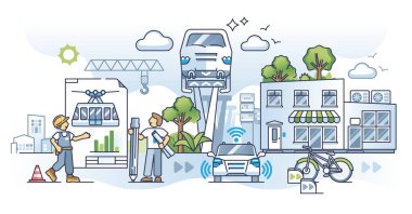 Elektrikli toplu taşıma kavramına sahip kentsel taşımacılığın geleceği. Modern teknolojilerle sürdürülebilir altyapı planlaması ve otomatik sürüş arabaları, otobüsler ve trenler vektör illüstrasyonları