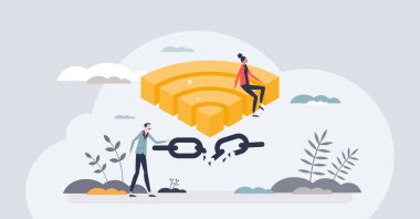 Dijital bağlantı kopukluğu ve küçük insan konsepti için internet teknolojisinden çıkış. Kablosuz ağ bakımı ya da kablosuz arıza vektör çizimi yüzünden bağlantı koptu. Rahatlamak için sosyal medyayı bırak