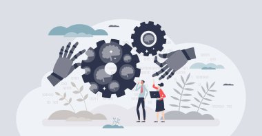 Yapay zekaya sahip yapay zeka ve otomasyon devrimi küçük insan konsepti. Akıllı dijitalleşme ve otomatik üretim süreci vektör illüstrasyonu için modern teknoloji. Etkili vites kullanımı.