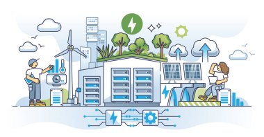 Şehirsel sürdürülebilir enerji ana hatları kavramı ile yarının enerjisini yeniden düzenliyorum. Yeşil yenilenebilir elektrik parkı illüstrasyonuna sahip modern IOT şehri. Alternatif kaynaklar tarafından desteklenen veri merkezi.