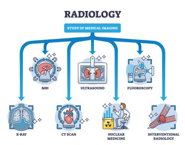 Radyoloji, tıbbi görüntüleme ve teknik bölüm şeması çalışmasıdır. MRI, ultrason, floroskopi veya hastalık ya da travma vektör çizimi için x-ray ile etiketlenmiş eğitim şeması