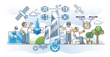 Yeni nesil kentsel sahne konsepti olan yeni nesil şehirler. IOT bağlantı vektörü illüstrasyonuyla yenilikçi şehir için gelecek teknolojisi. Akıllı iletişim için AR görme sistemi.