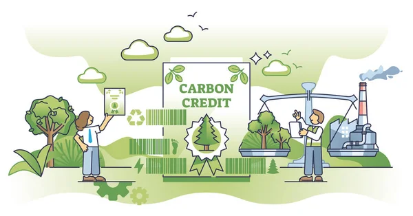 stock vector Carbon credits and emissions selling for CO2 gas exchange outline concept. Green, ecological and sustainable strategy for company pollution footprint reduction vector illustration. Dioxide trading.