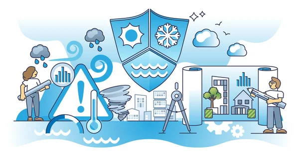 気候リスク管理と社会の安全性のコンセプトに関する警告計算 気象災害 水位上昇 破壊的な熱ベクトルのイラストによる科学的未来予測 — ストックベクタ