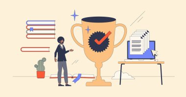 Geçmişteki küçük insan konseptindeki başarılar büyük ödül ve ikramiyeyle çözüldü. Ödül ve zafer kupası illüstrasyonuyla başarılı bir çalışmadan sonra kutlama. Başarın için tebrikler..