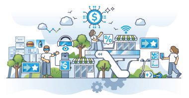 Perakende satış ve modern müşteri alışveriş deneyimi konseptinin geleceği. Temassız ödeme yöntemlerine sahip akıllı ticaret, ürün katalog araştırma vektör ilüstrasyonu için VR veya AR teknolojisi kullanımı.