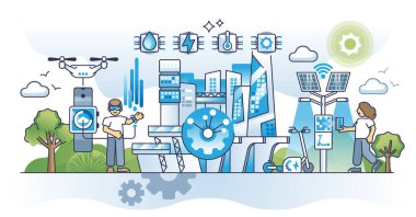 Akıllı şehirlerin şafağı ve modern IOT teknolojisi bağlantı konsepti. Toplumsal ilerleme ve kentsel hareketliliğe erişim, etkili bağlantılar ve otomasyon vektör illüstrasyonu. Yeni altyapı.