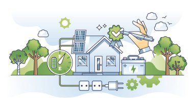 Dolu yeşil pilleri olan güneş enerjisi depolama merkezi konsepti. Şebeke dışı elektrik tüketim vektörü çizimi için sürdürülebilir ve çevresel çözüm. Eko evi için akümülatör birimi