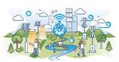 Akıllı ve doğa dostu şehir konsepti olan sürdürülebilir kentsel yaşam. Alternatif enerji enerjili ışıklandırma ve çevresel sağlıklı yaşam tarzı toplum temsili ile şehir parkı.