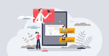 Uzaktan öğrenme ya da web platformunda küçük insan konsepti öğretme gibi çevrimiçi öğretmenlik. Akıllı rehberlik öğretmenine destek ve yardım, internet vektör illüstrasyonunu kullanarak ev ödevi açıklaması.
